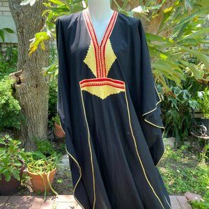 J Peterman Co. Elegant Black and Gold Caftan Maxi Dress